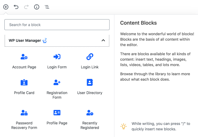 Custom blocks for WP User Manager in the Block Editor