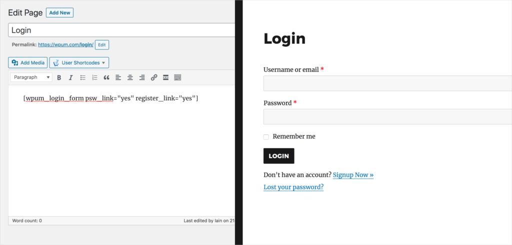 WP User Manager login shortcode and custom login form