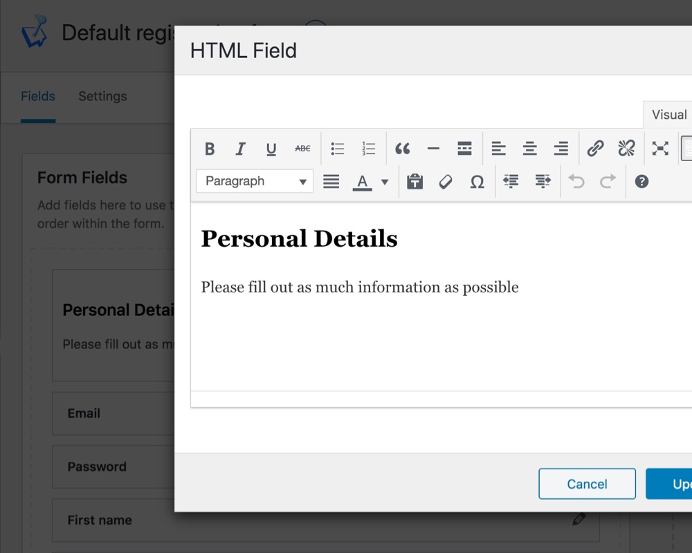 Registration form custom HTML