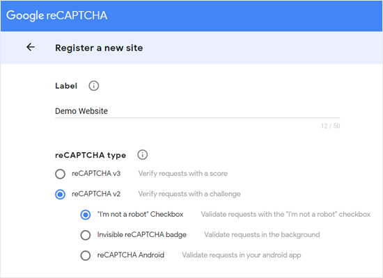Google Recaptcha - register a new site