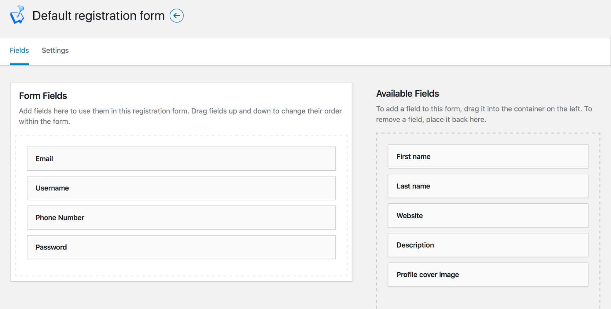 WP User Manager Form Fields Settings