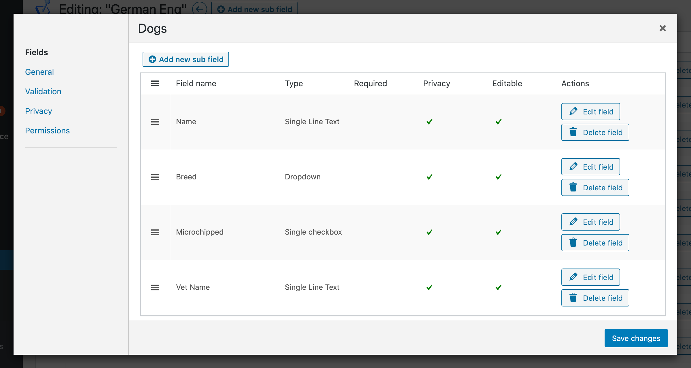 Screenshot of the repeater field in the admin area