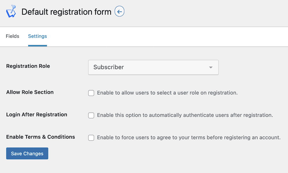The registration form settings page