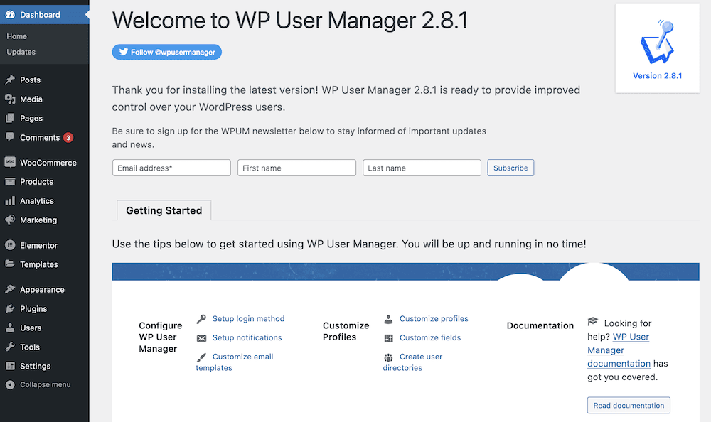 The WP User Manager ‘Getting Started’ page.
