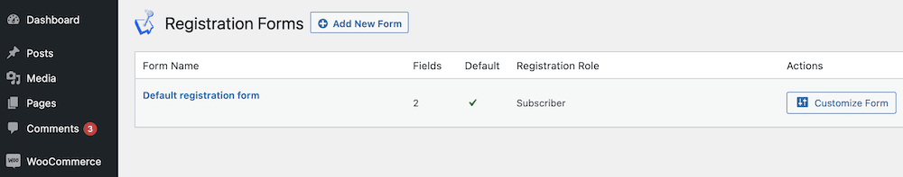 The ‘Registration Forms’ page within WordPress