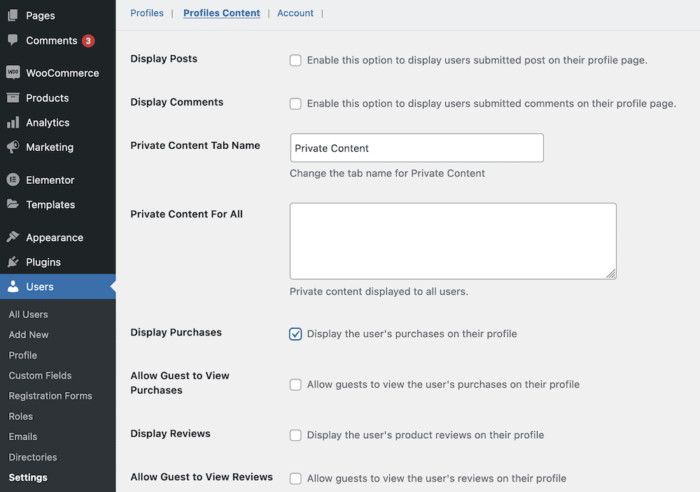 The private content settings within WP User Manager