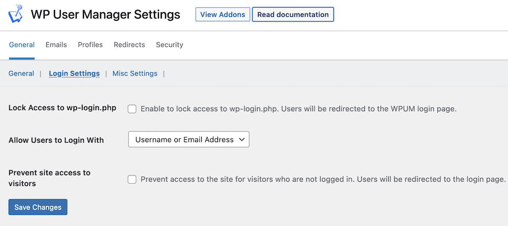 The login settings options within WP User Manager.
