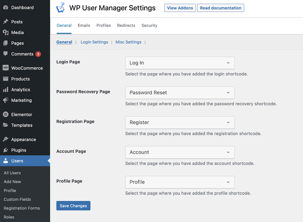 The global settings menu for WP User Manager.