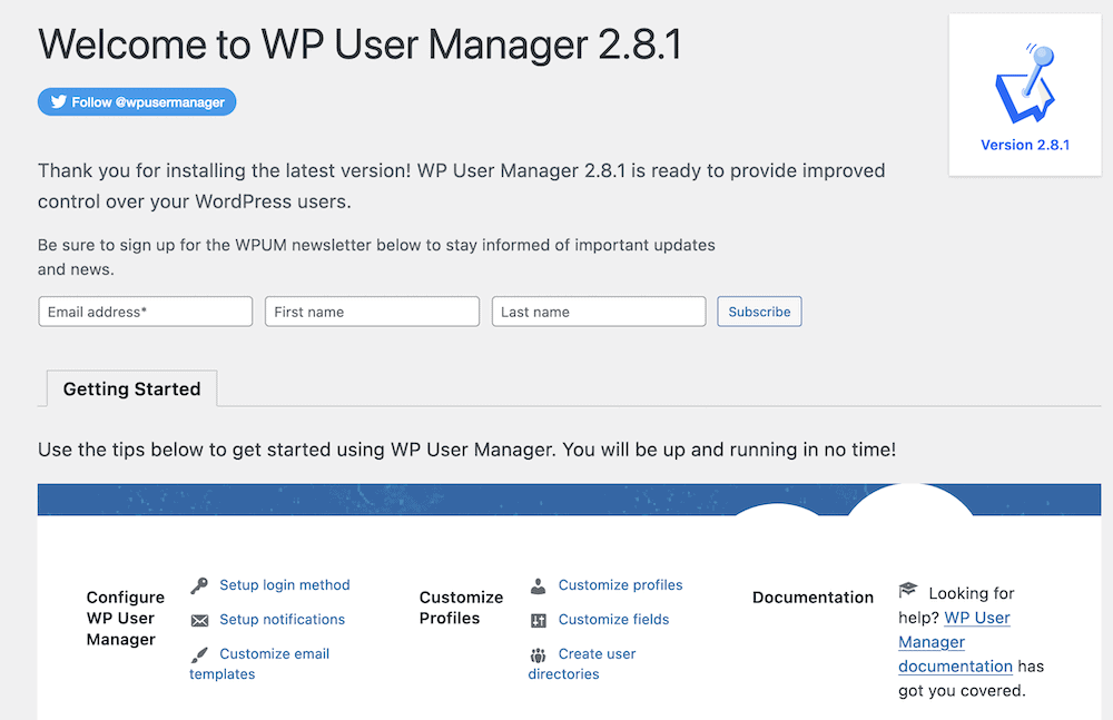 The WP User Manager Getting Started screen