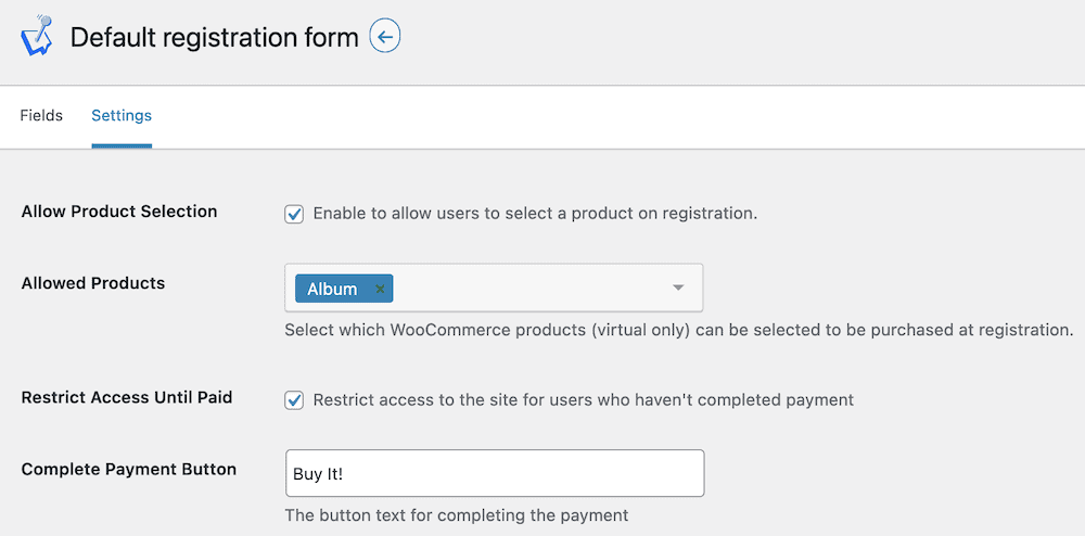 The options to choose a product on registration with WP User Manager.
