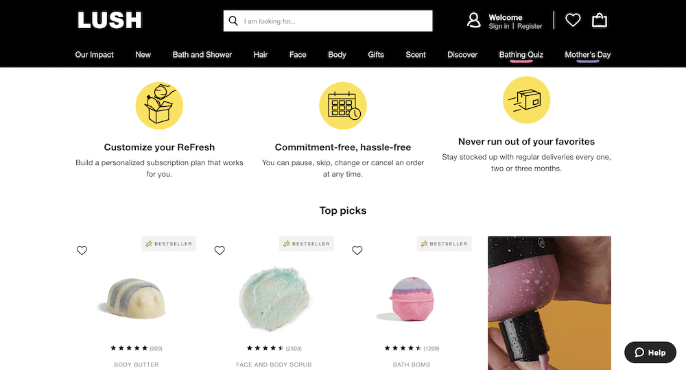 Subscriptions on the Lush USA website.