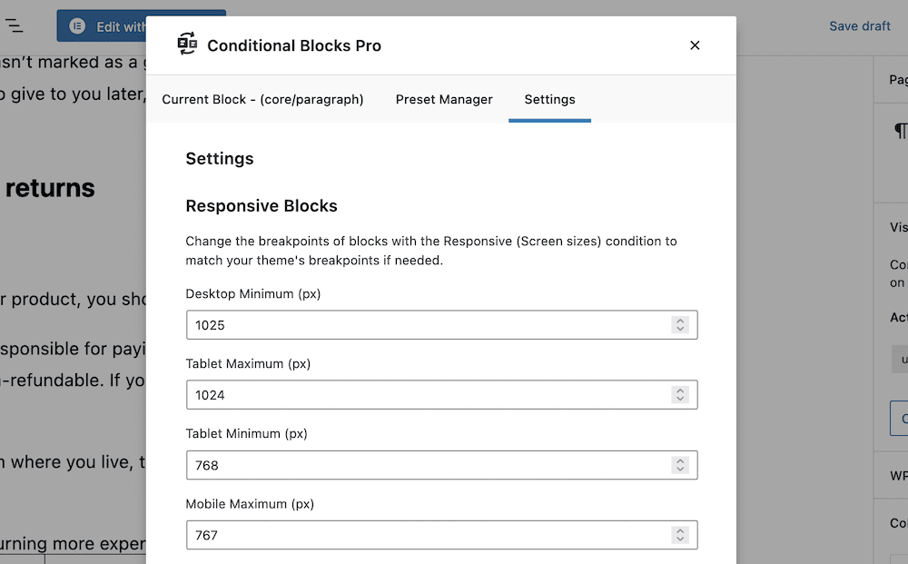 The Settings tab within Conditional Blocks.