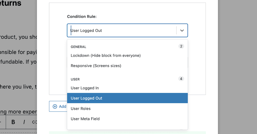 The Condition Rules drop-down menu in Conditional Blocks.