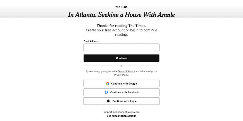 A screenshot of the New York Times website, showing a gated content notification and login options.