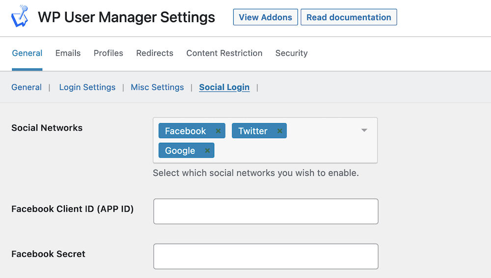 Setting up social login options within WP User Manager.