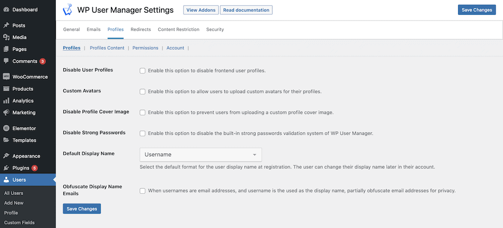 The profile settings options within WordPress.