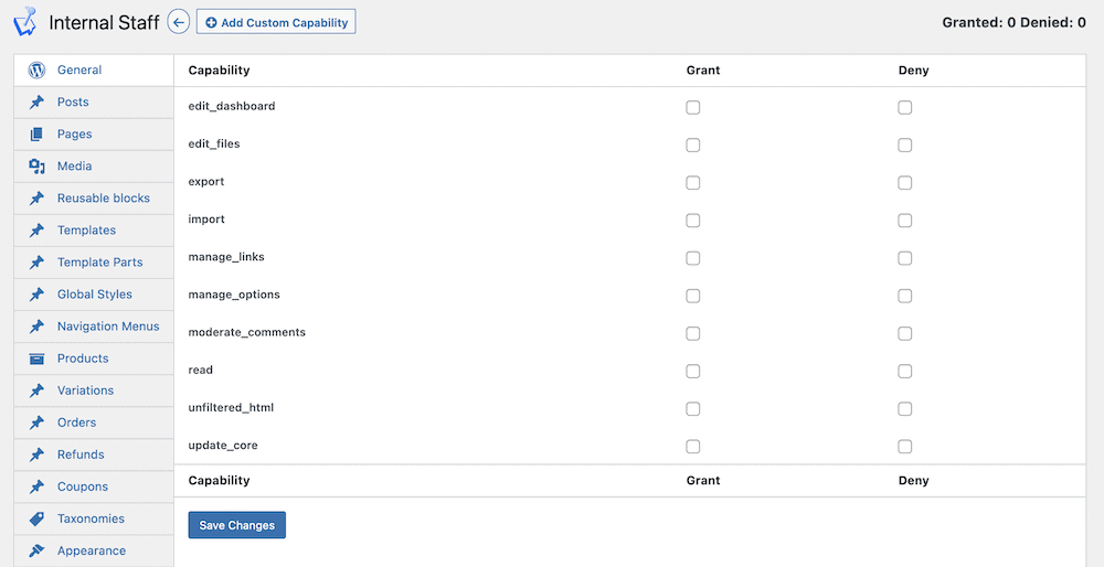 The User Role Manager screen within WordPress.