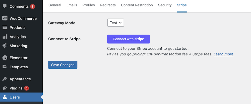 The Stripe settings on the WP User Manager dashboard.