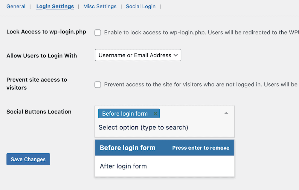 The Social Login settings within WP User Manager.