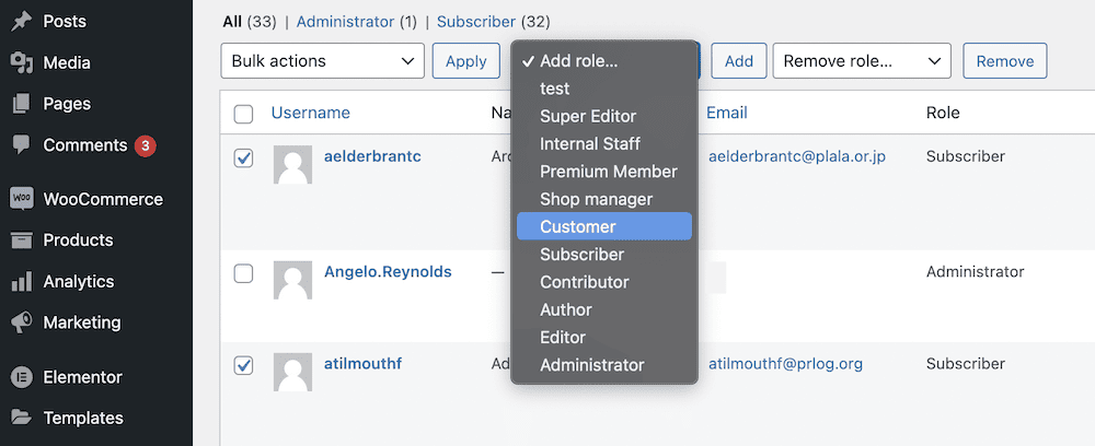 Choosing an additional user role from WP User Manager’s dedicated menu.