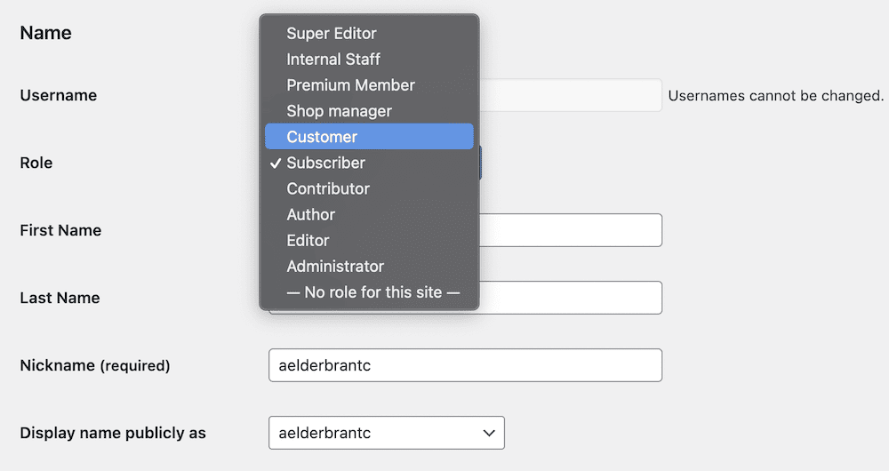 Choosing a user role from the WordPress dashboard.