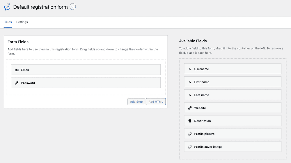 Editing a registration form within WP User Manager.