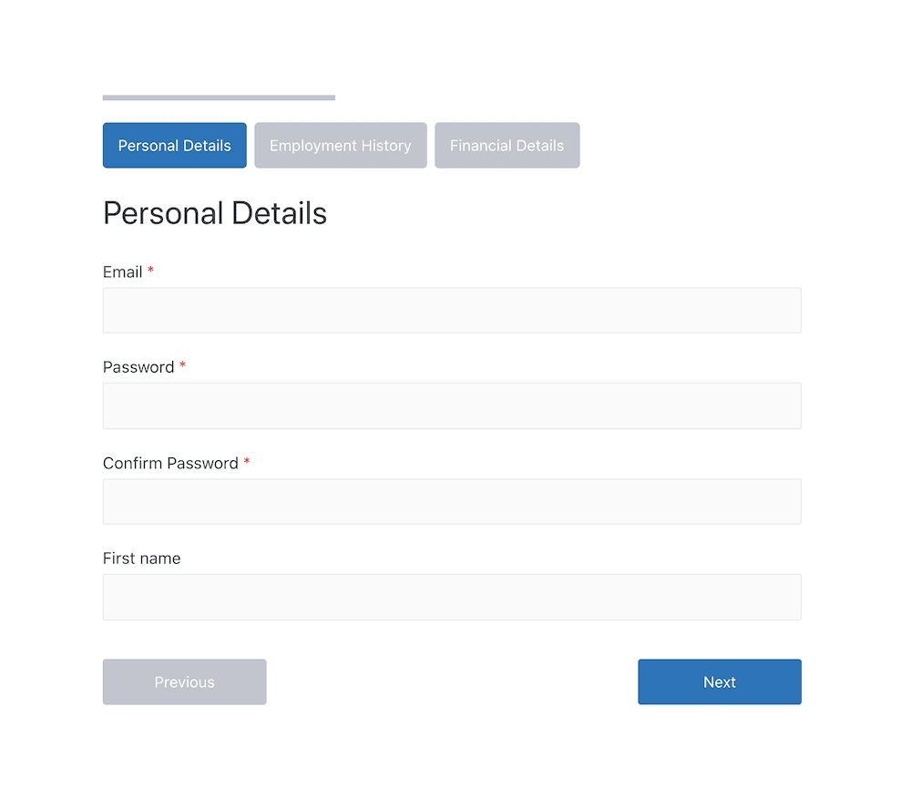 A multi-step registration form on the front end of a website.