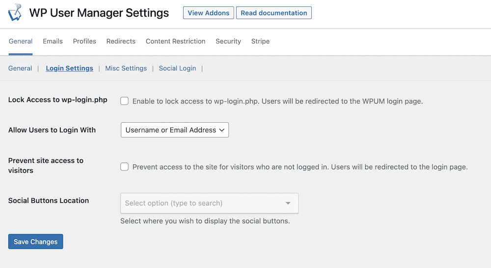 The WP User Manager Login Settings screen within WordPress.