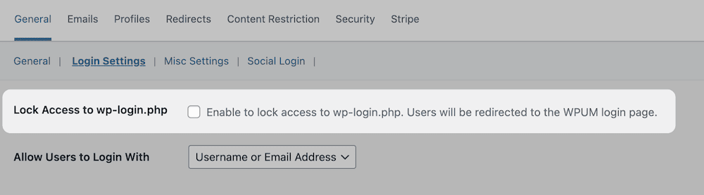 The Lock Access to wp-login.php checkbox within WP User Manager.