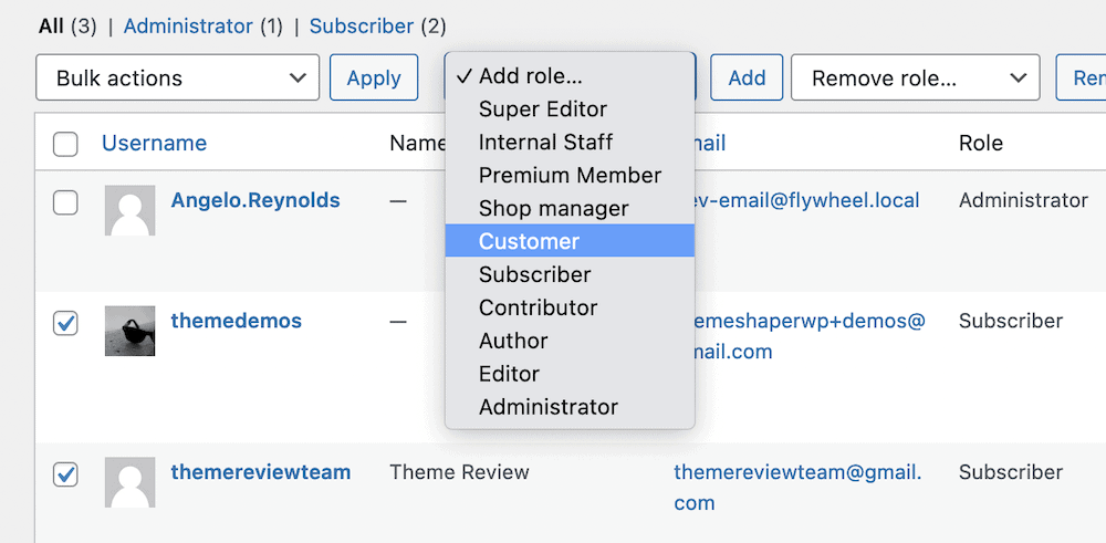 The drop-down user role menu within WordPress’ back end.