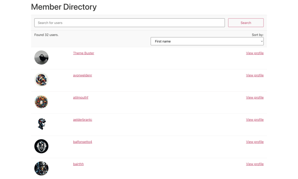 A member directory created through using WP User Manager on the front end of a website.