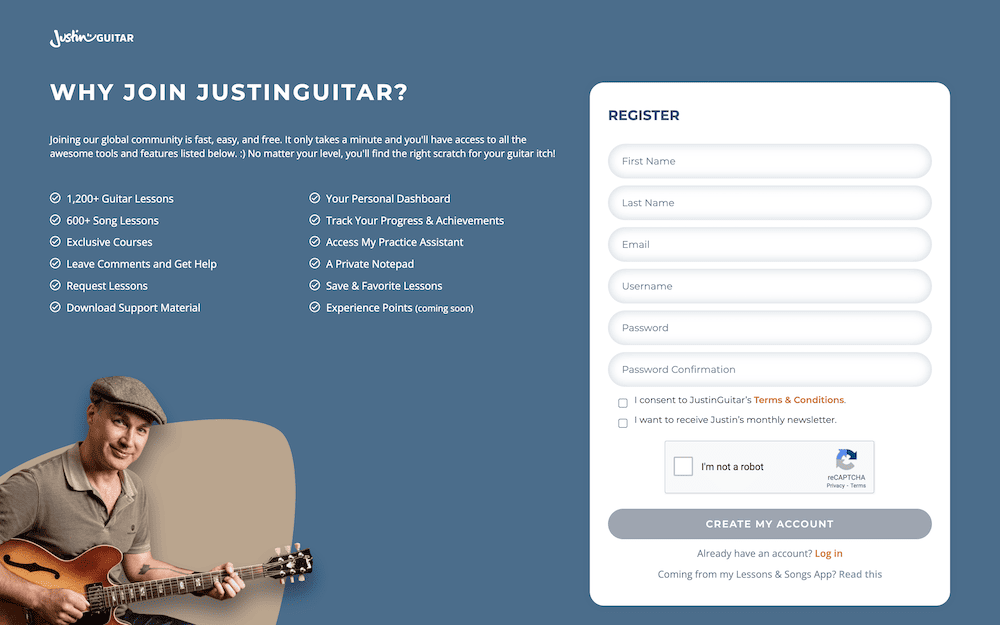 The Justinguitar signup page.