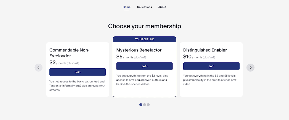 The Patreon membership tiers for ContraPoints.