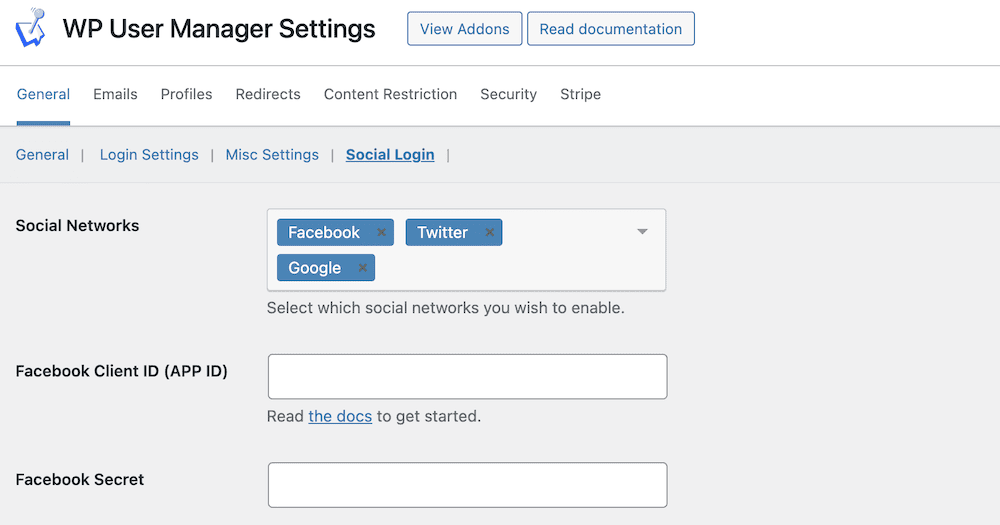 The Social Login options for WP User Manager.