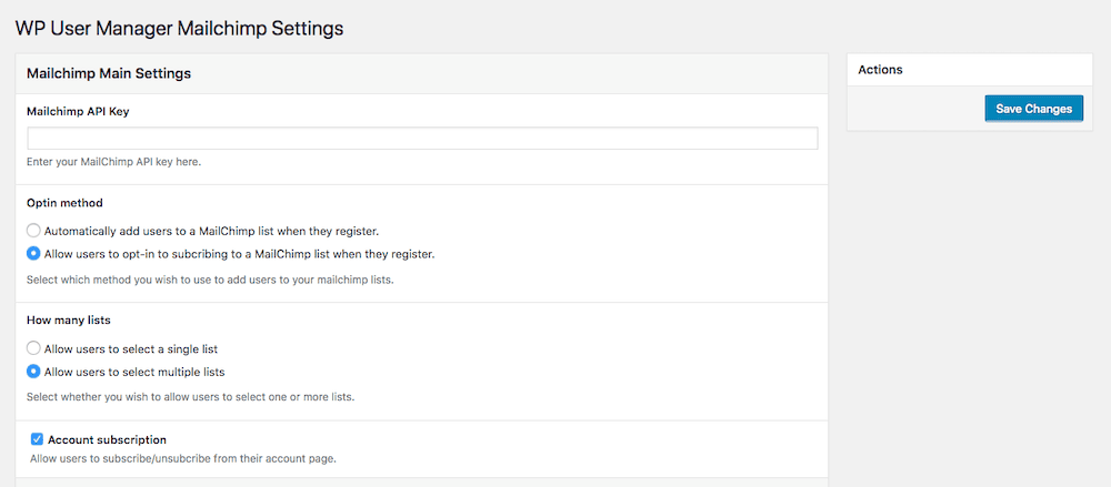 WP User Manager's Mailchimp settings.