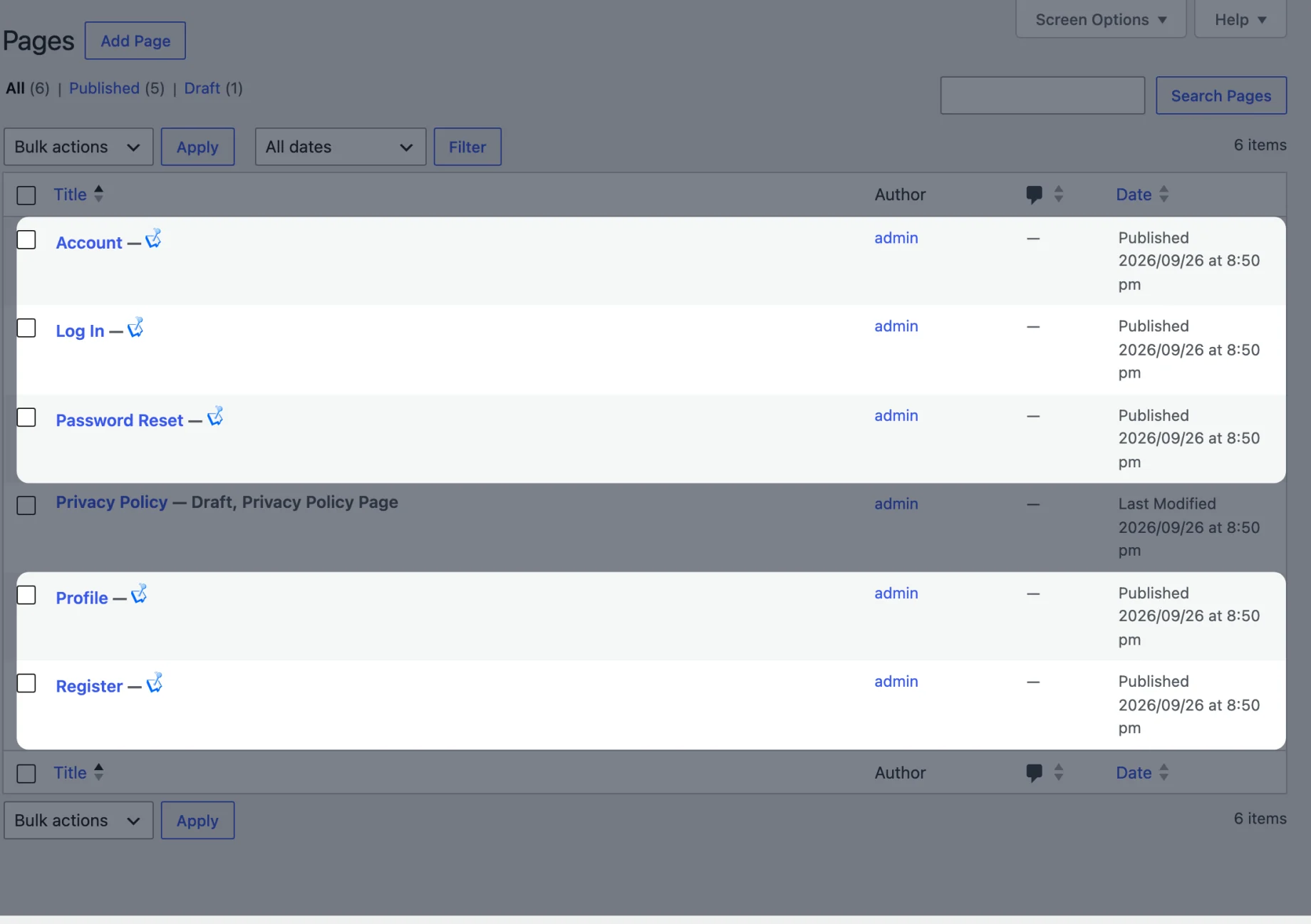 The five pages WP User Manager creates on activation