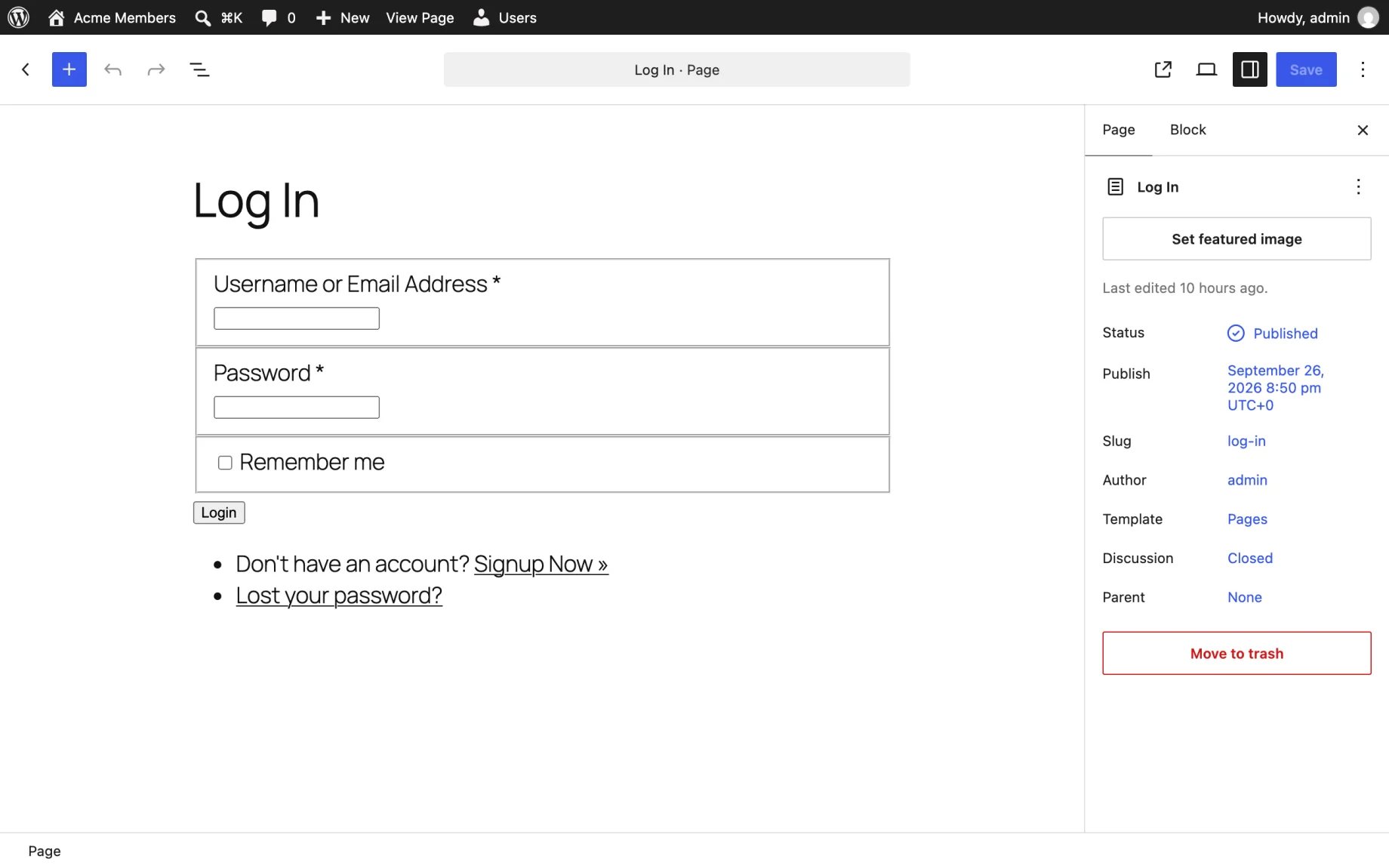 The Log In page in the block editor