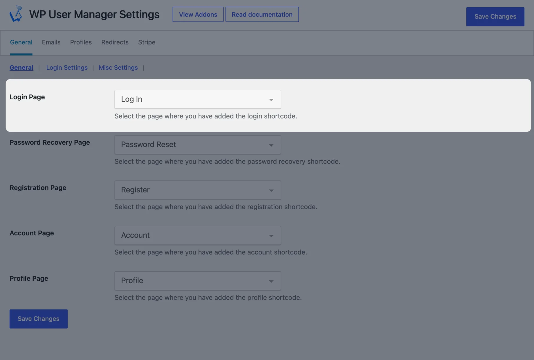 The Login Page setting
