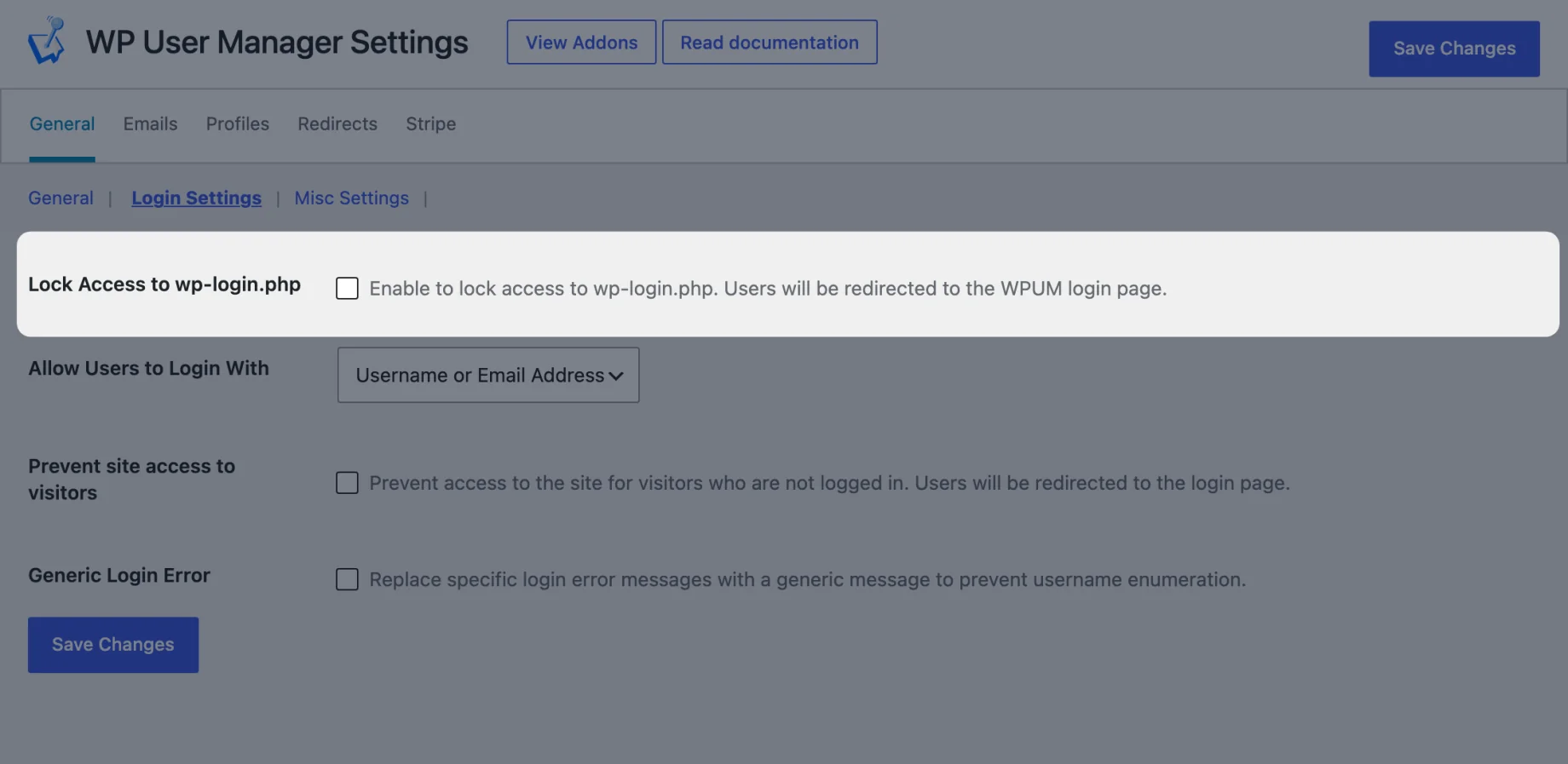 The Lock Access to wp-login.php setting