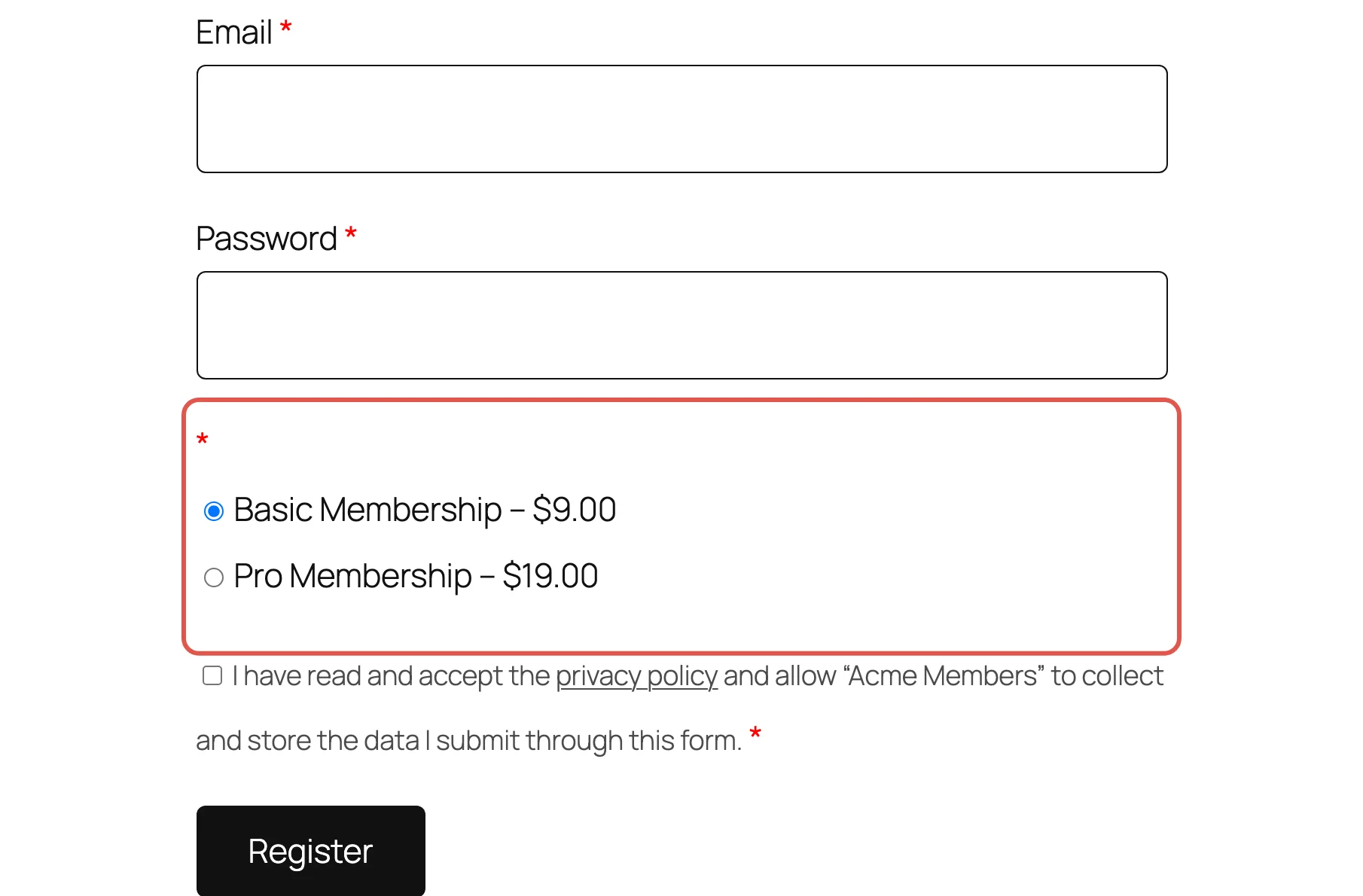 A registration form offering a choice of Basic and Pro membership plans