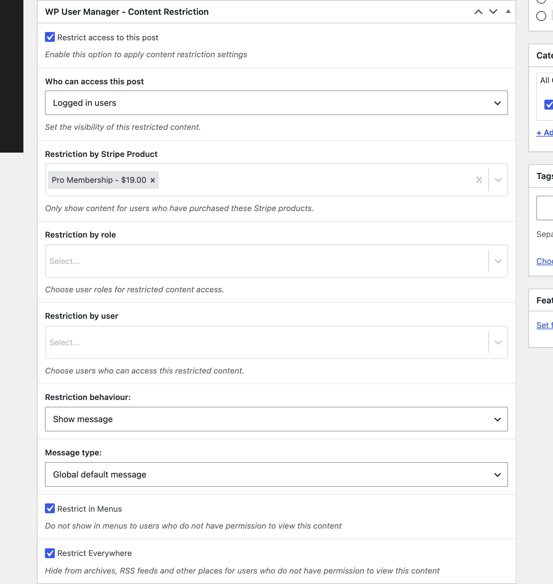 The Content Restriction box on a post, restricted to members on the Pro Membership plan