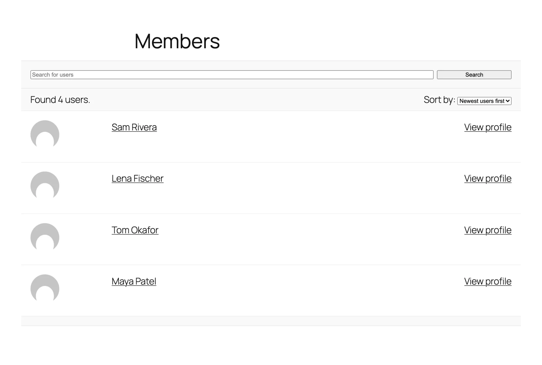 A WP User Manager member directory with search, sorting and a list of members