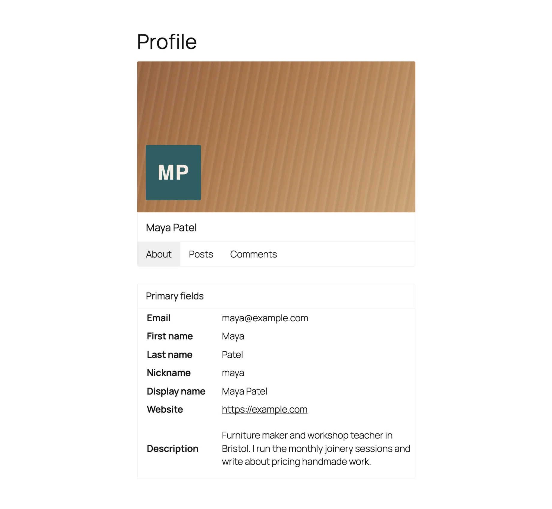 A WP User Manager profile page with a cover image, avatar, the member's name, and About, Posts and Comments tabs