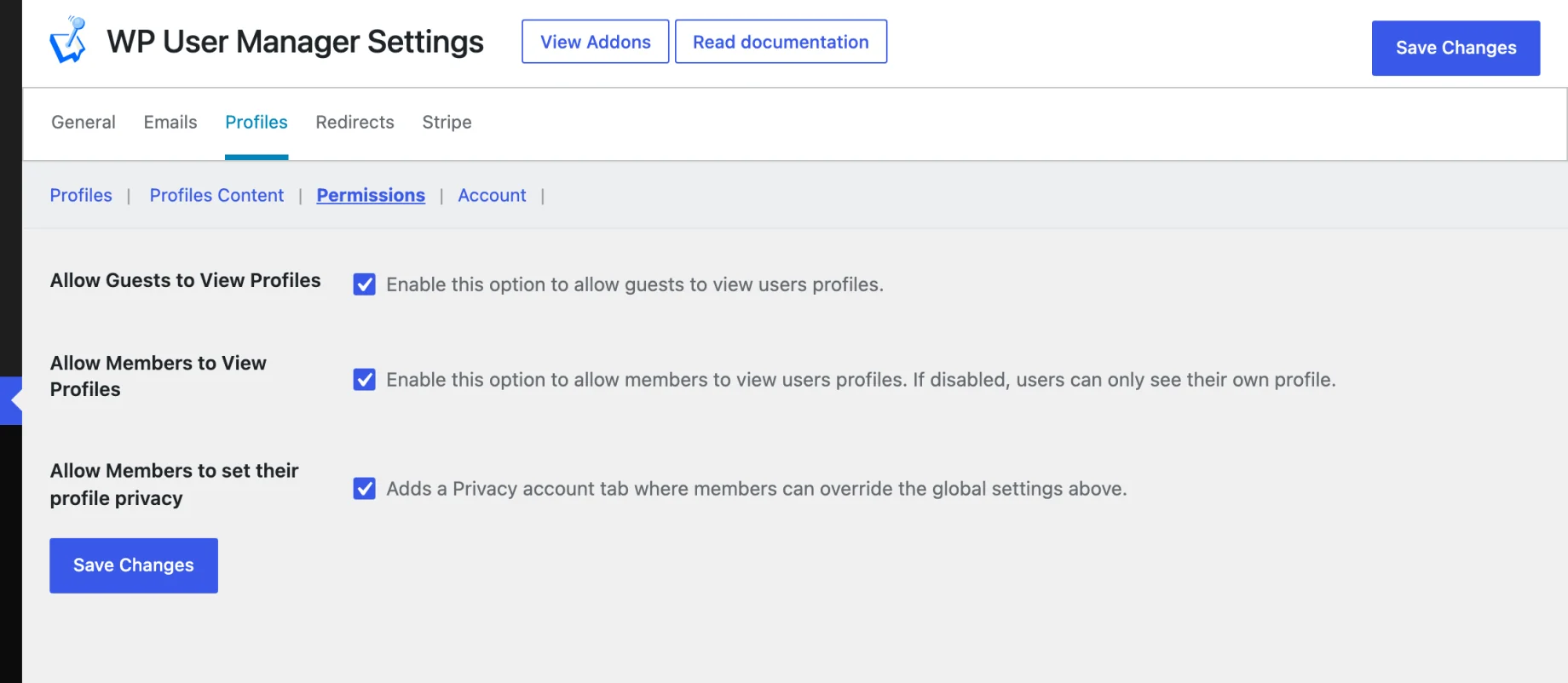 The Permissions settings: Allow Guests to View Profiles, Allow Members to View Profiles and Allow Members to set their profile privacy
