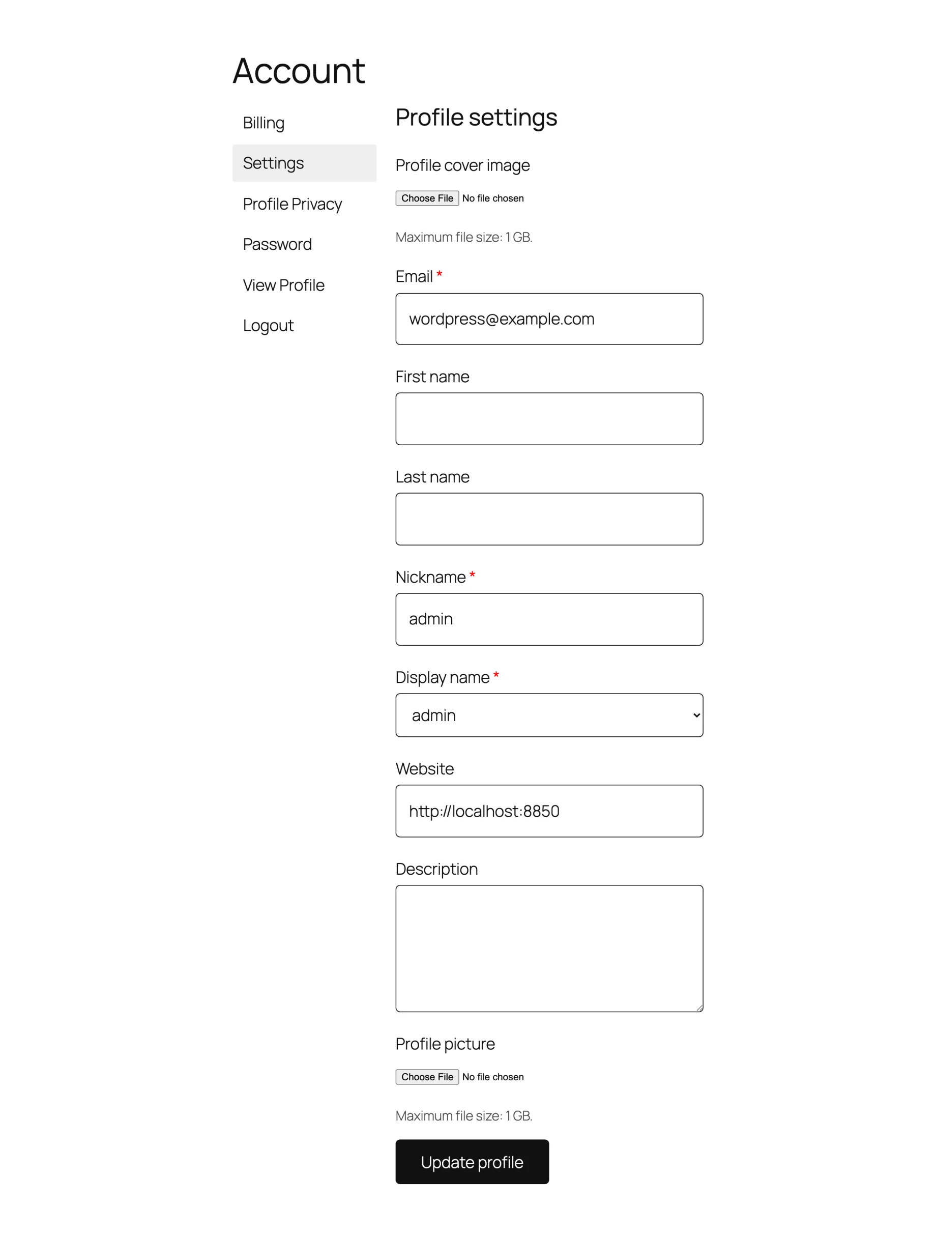 The front-end Account page with Settings, Profile Privacy, Password, View Profile and Logout tabs, showing the profile settings form