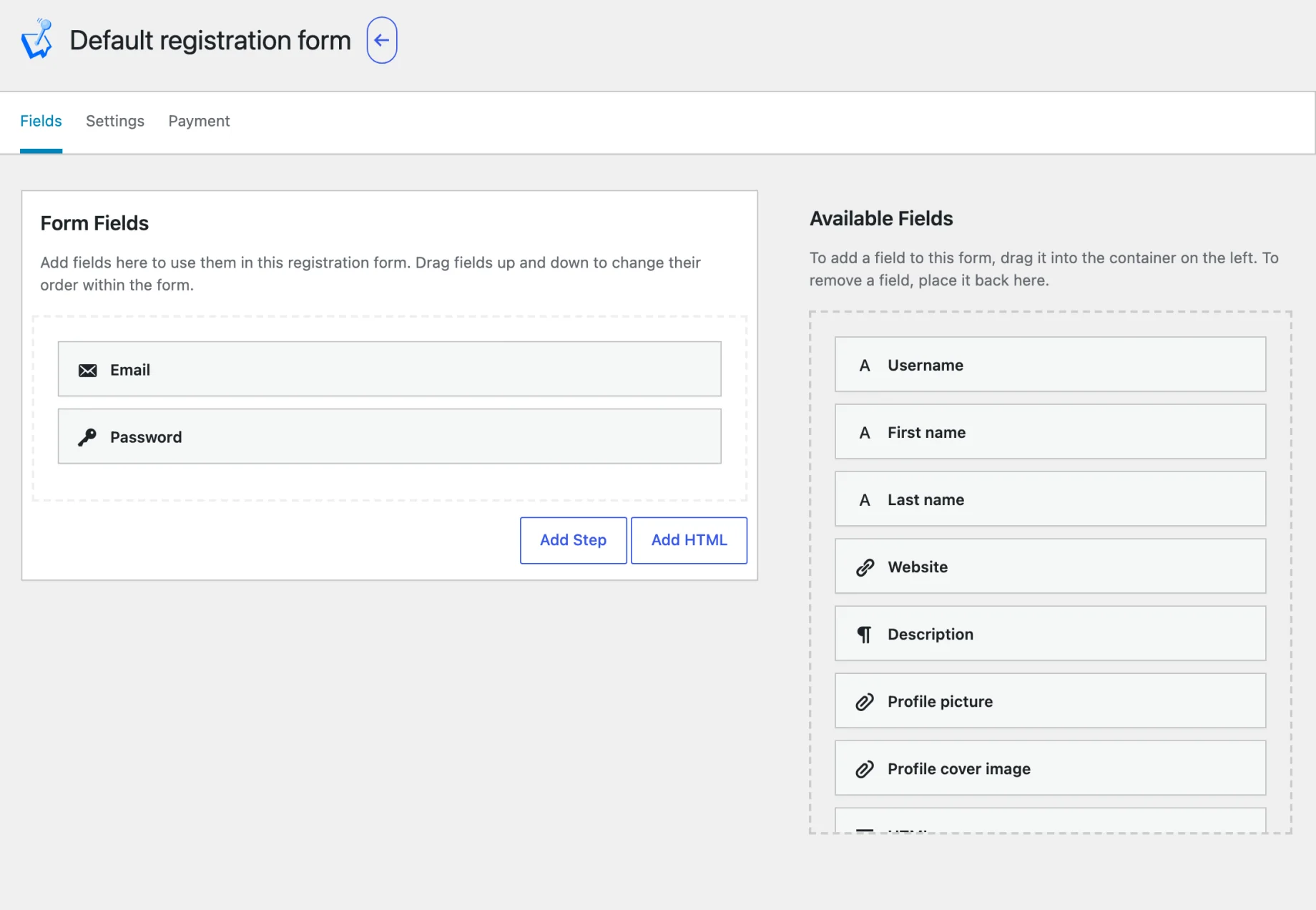The WP User Manager registration form editor with Email and Password in the form and more fields available to drag in