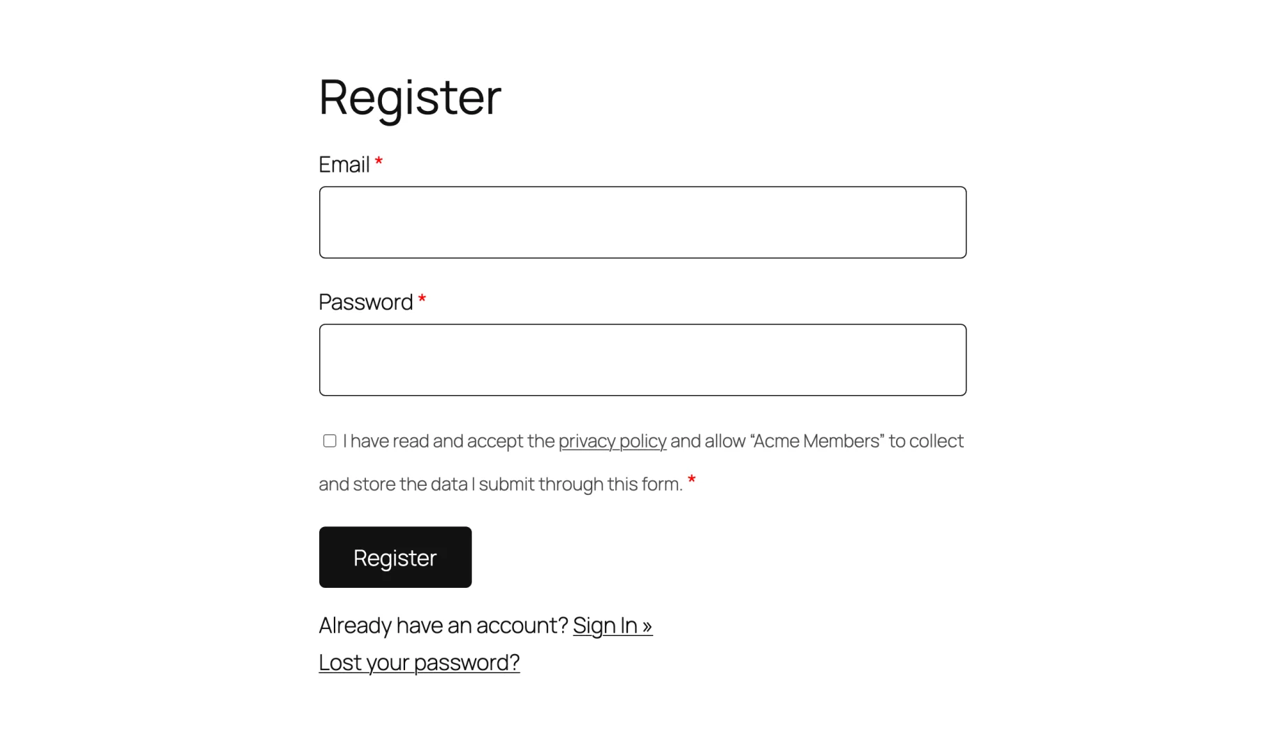 A WP User Manager registration form on the front of a site, with Email, Password and a privacy policy checkbox