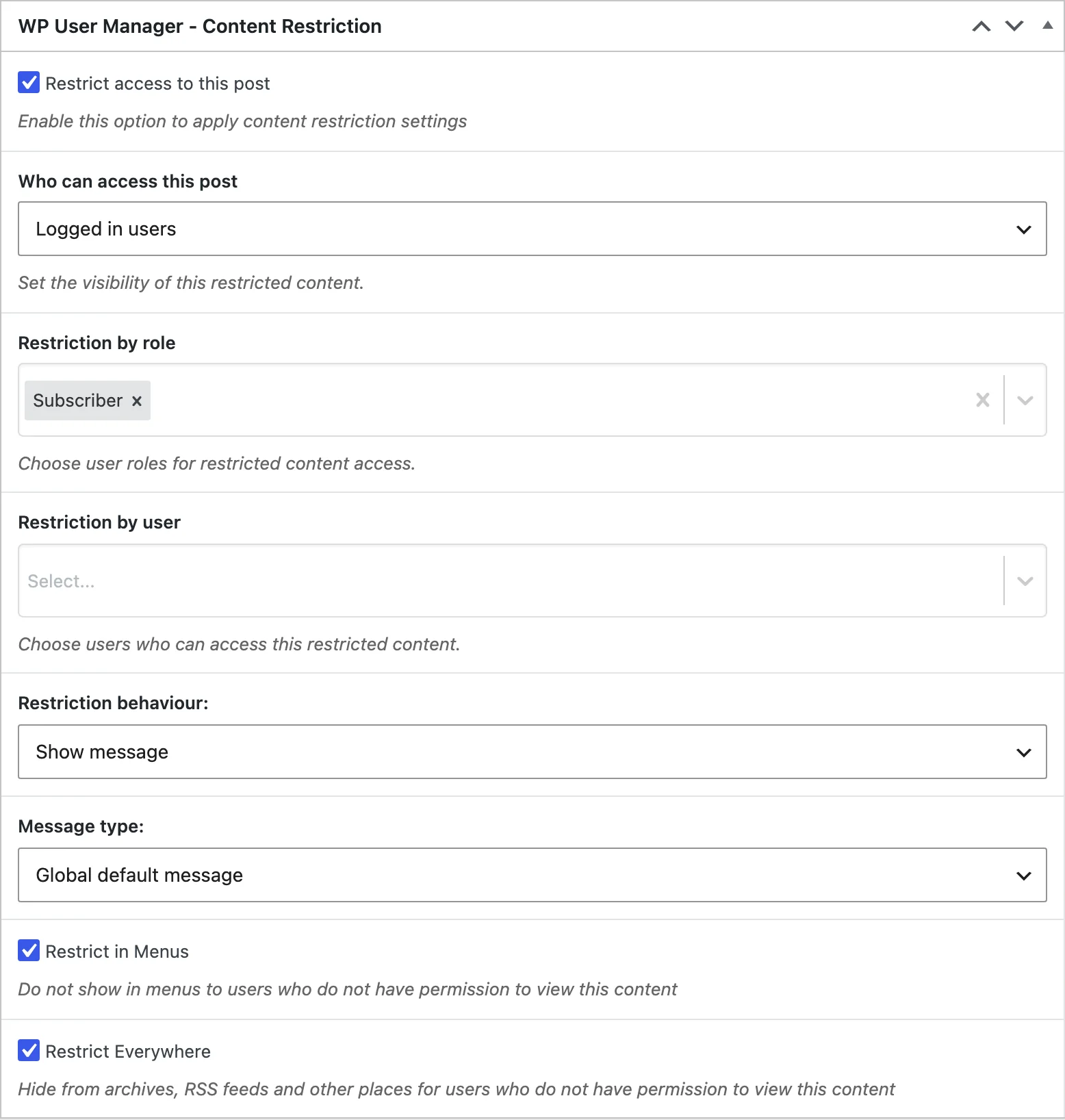The Content Restriction box on a post, restricted to logged in subscribers