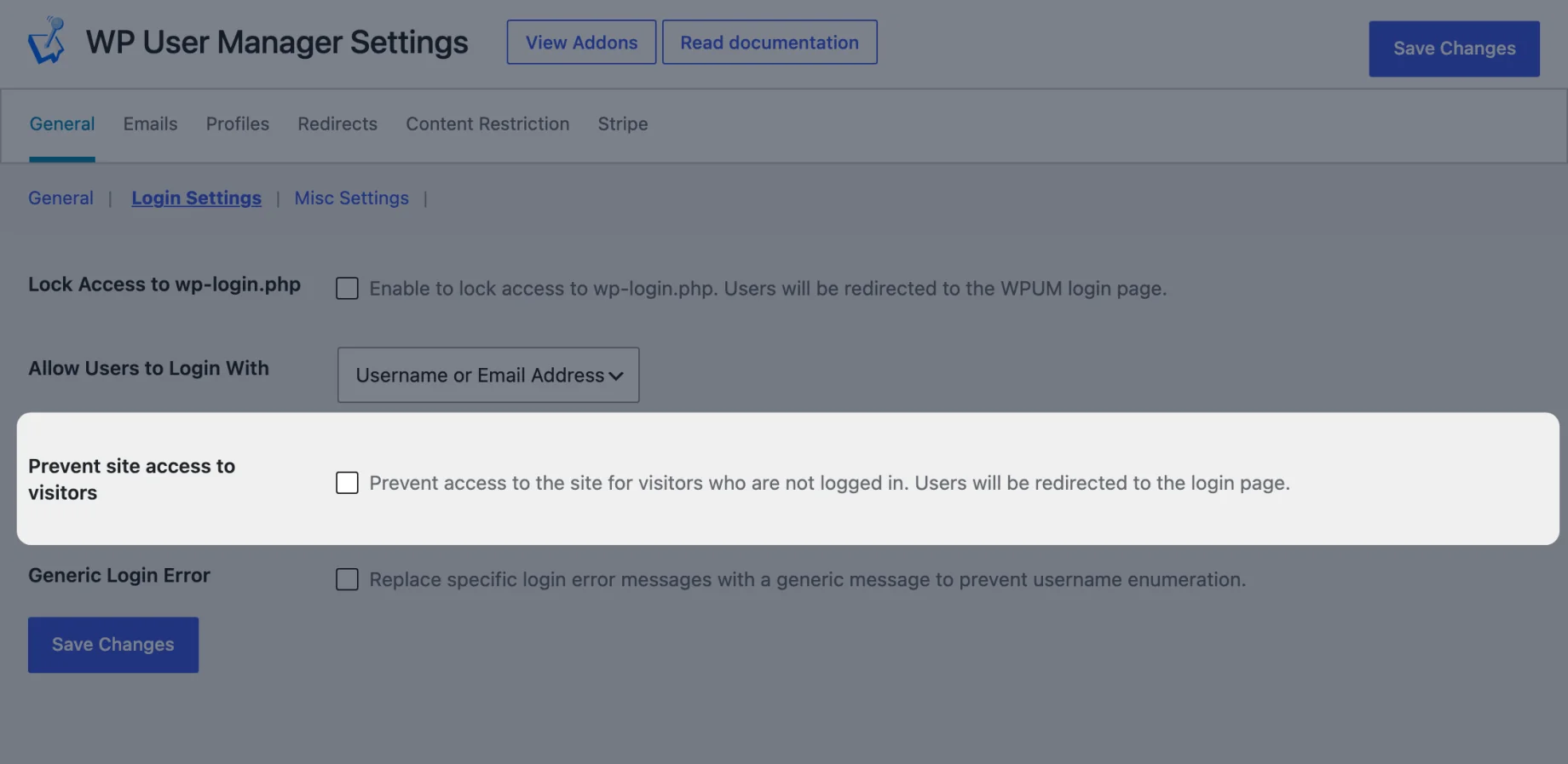 The Prevent site access to visitors setting in WP User Manager