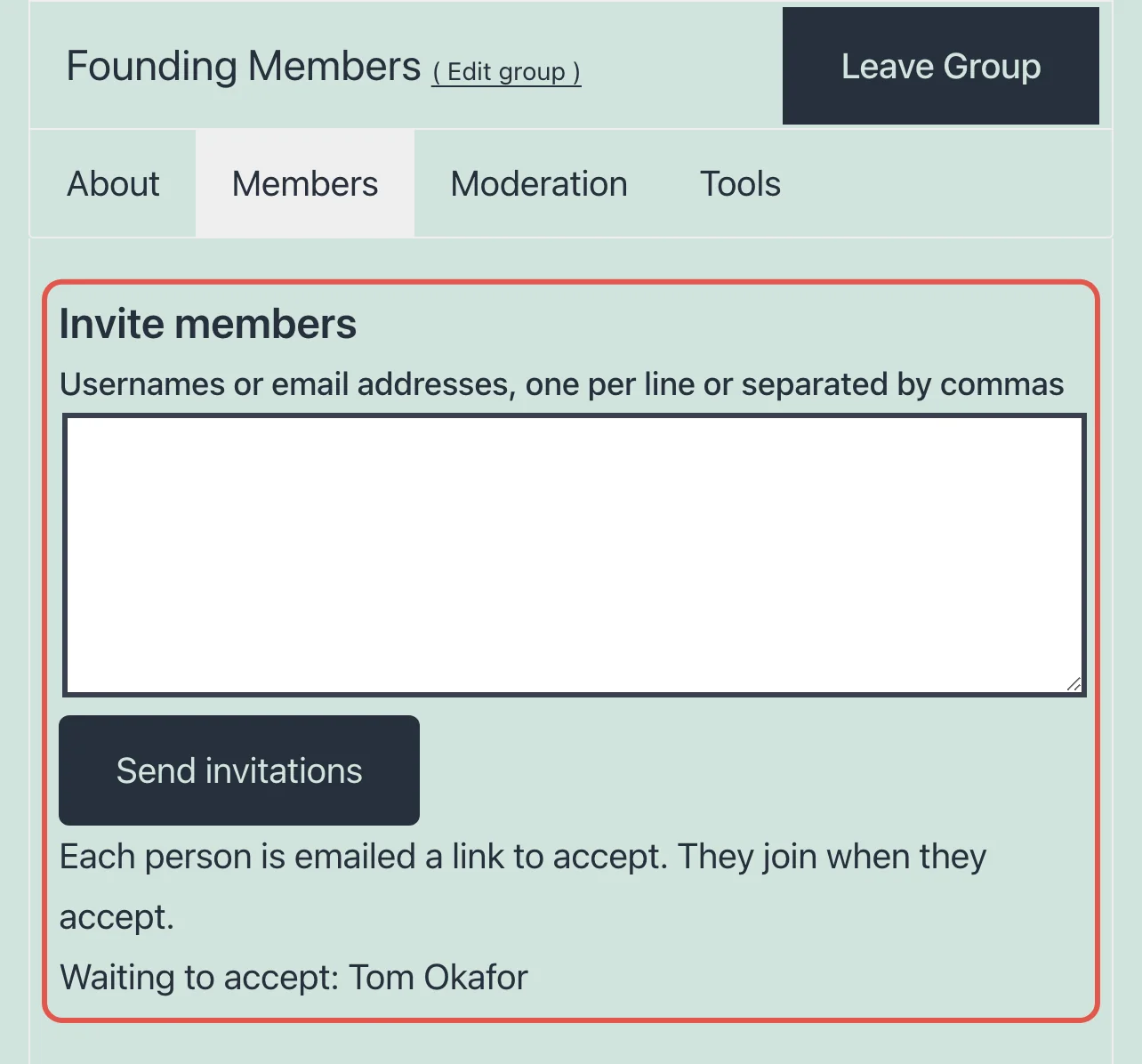 The Invite members box on a hidden group's Members tab, with a member waiting to accept